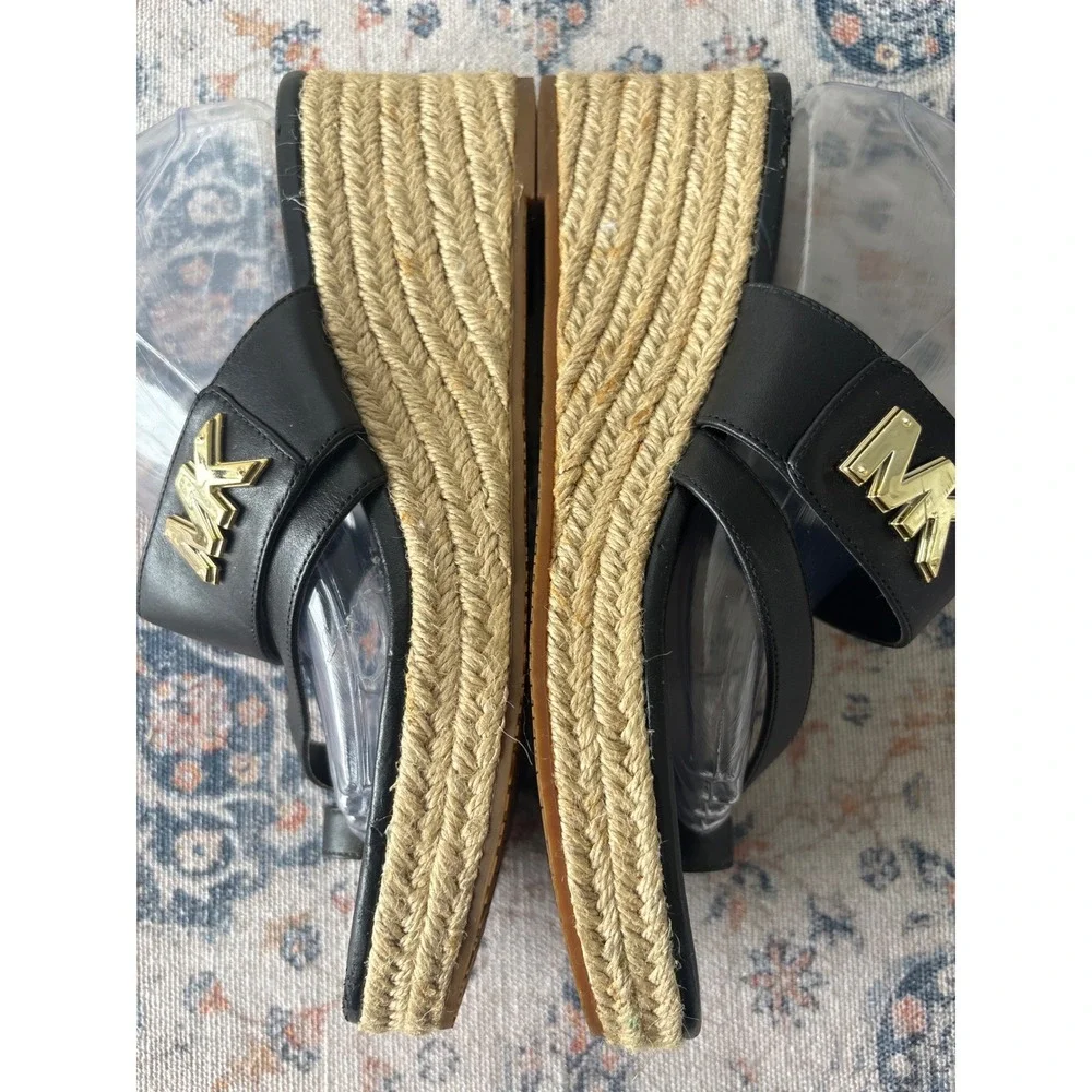 Michael Kors Black Leather Espadrille Wedge Sandals Toe Loop Platform Slides